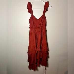 MIDI boho rust color dress with ruffles and tie for the waist . Size L